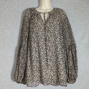 Ophelia Roe Womens Cheetah Print Blouse Top 1XL Long Balloon Sleeve Flowy NWOT